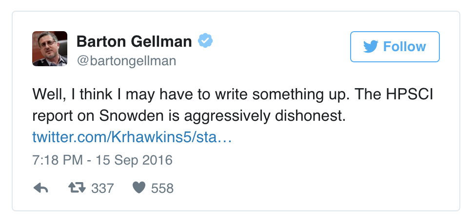 @BartonGellman: Well, I think I may have to write something up. The HPSCI report on Snowden is aggressively dishonest.